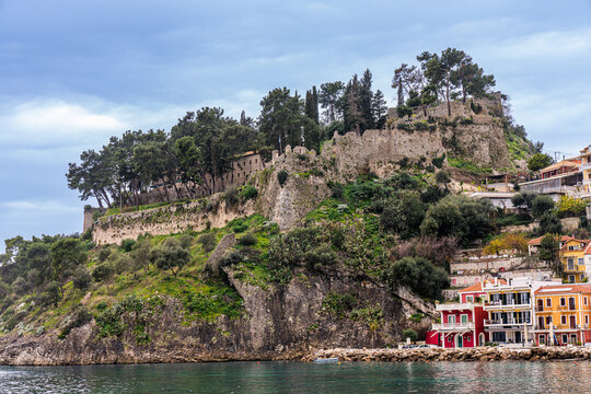 Parga, Greece - 30 january 2023 - The bay with the Venetian Castle of Parga
