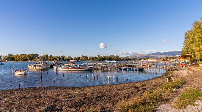 Messolonghi, Greece - 3 february 2023 - Harbour packed with fishing boats ready to sail out in the harbour of town