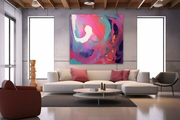vibrant lounge with blank white artwork. Generative AI