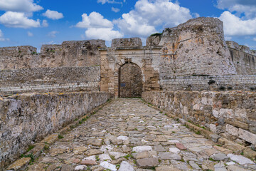 Methoni, Greece - 8 February 2023 - Entrance bridge and front of the Methoni Castle