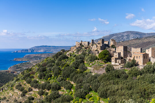 Vatheia, Greece - 10 February 2023 - Town with the famous old towers on the Peninsular of Greece