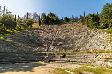 Argos, Greece - 19 February 2023 - The old ruins of the ancient theater of Argos. Old archeological...