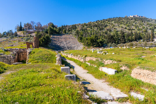 Argos, Greece - 19 February 2023 - The old ruins of the ancient theater of Argos. Old archeological site