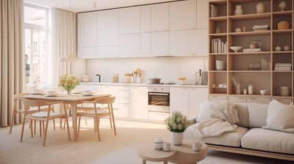 Fototapeta na wymiar interior design spacious bright studio apartment in Scandinavian style and warm pastel white and beige colors. trendy furniture in the living area and modern details in the kitchen area.