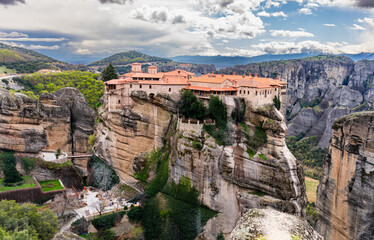 Fototapeta na wymiar Meteora, Greece - 28 March 2023 - the Monastery of Varlaam seen from a distance