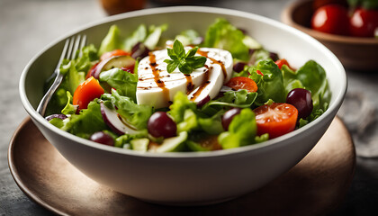 a white bowl filled with a salad and a fork.