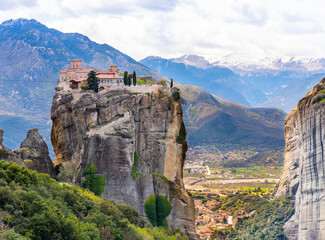 Meteora, Greece - 28 March 2023 - Monastery of the Holy Trinity at Meteora seen from a distance