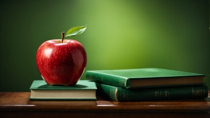 Red apple on green book, university concept - obrazy, fototapety, plakaty