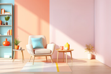 Pastel Living Space with Modern Decor and Sunlit Ambiance