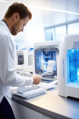 Naklejka na ściany i meble Technologie avancée en laboratoire médical : médecin utilisant une imprimante 3D pour la production d'équipements médicaux