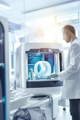 Technologie avancée en laboratoire médical : médecin utilisant une imprimante 3D pour la production d'équipements médicaux