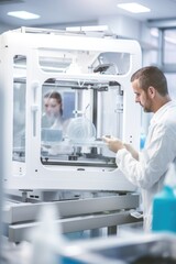 Technologie avancée en laboratoire médical : médecin utilisant une imprimante 3D pour la production d'équipements médicaux