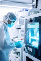 Technologie avancée en laboratoire médical : médecin utilisant une imprimante 3D pour la production d'équipements médicaux - obrazy, fototapety, plakaty