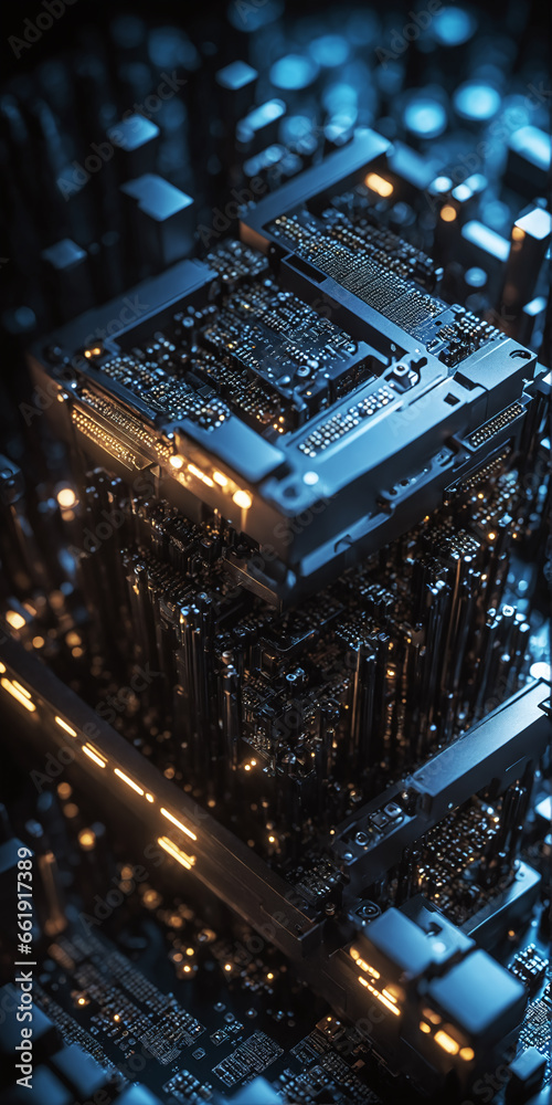 Poster macro shot of high-tech circuitry in ai supercomputer technology, featuring led elements and intrica