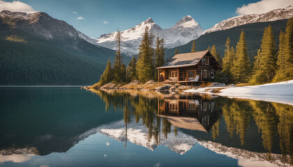  A serene, remote cabin by a pristine mountain lake, with kayaks on the shore and a clear reflection of the snow-capped peaks, embodying the serenity of wilderness retreats. - obrazy, fototapety, plakaty