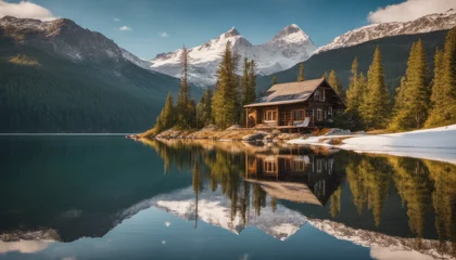 Fotobehang  A serene, remote cabin by a pristine mountain lake, with kayaks on the shore and a clear reflection of the snow-capped peaks, embodying the serenity of wilderness retreats. © Max