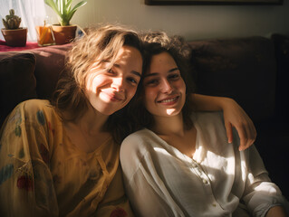 Zwei junge Frauen sitzen Zuhause gemeinsam auf der Couch - obrazy, fototapety, plakaty