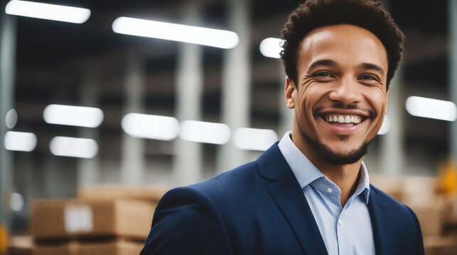 Candid Shot of Happy Biracial Businessman in Bokeh Warehouse