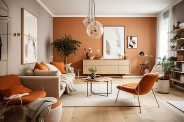 Living area in a modern Nordic flat with dominant orange and beige colors. Generative AI