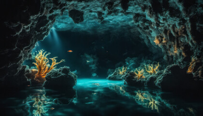  A magical underwater cave illuminated by bioluminescent creatures, creating an otherworldly and surreal underwater scene.
