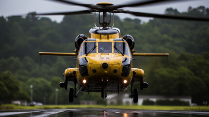 Rescue Helicopter Takeoff: A rescue helicopter taking off on a life-saving mission, representing 911 aerial support.