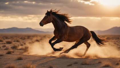 Obraz na płótnie Canvas A powerful wild mustang galloping freely across a vast desert landscape at sunset, embodying the spirit of freedom and the untamed West.