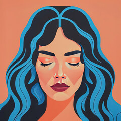Digital Art Portrait of a Tranquil Woman with Blue Streaked Hair, Coral Background. Harmonious Blend of Modern Minimalism and Realistic Facial Details. Great for Creative Branding and Graphic Designs