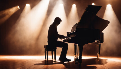  A silhouetted musician playing a grand piano on a stage, with soft stage lights casting a warm glow, exuding the ambiance of musical passion and performance.