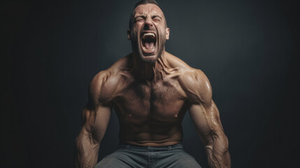Fototapeta na wymiar Male bodybuilder on anabolic steroids screams in pain 