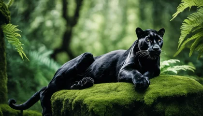 Keuken spatwand met foto  An elegant black panther resting gracefully on a moss-covered stone, surrounded by emerald ferns in a lush rainforest, representing power and natural beauty. © Max