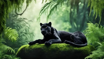   An elegant black panther resting gracefully on a moss-covered stone, surrounded by emerald ferns in a lush rainforest, representing power and natural beauty. © Max
