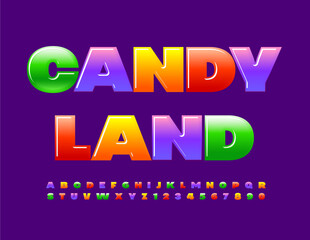 Vector colorful flyer Candy Land. Bright Glossy Font. Creative Kids Alphabet Letters and Numbers