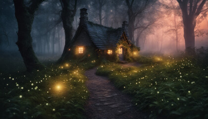  A mystical forest at twilight, where fireflies create a magical path leading to a hidden fairy tale cottage, offering a sense of enchantment and wonder.