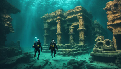  A surreal underwater world where a scuba diver explores an ancient, submerged city with sunken ruins, showcasing the mystery and allure of forgotten civilizations. - obrazy, fototapety, plakaty
