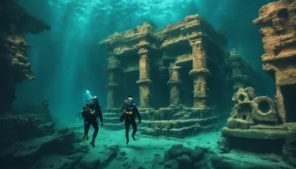 Poster  A surreal underwater world where a scuba diver explores an ancient, submerged city with sunken ruins, showcasing the mystery and allure of forgotten civilizations. © Max