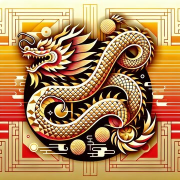 a modern stylized dragon with geometric shapes, set against a gold and red gradient background reminiscent