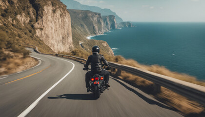  A lone traveler from the back on a motorcycle, cruising along a winding coastal road, with the...