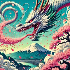 a dragon blowing a gust of wind, creating a whirlwind of sakura petals