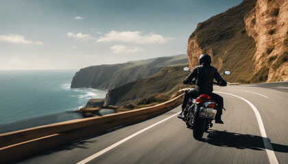  A lone traveler from the back on a motorcycle, cruising along a winding coastal road, with the ocean on one side and towering cliffs on the other, conveying a sense of freedom and the open road. - obrazy, fototapety, plakaty