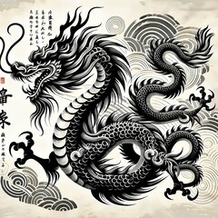 a dragon made of intricate Japanese calligraphy strokes