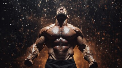 Male bodybuilder on anabolic steroids covered in black dust - obrazy, fototapety, plakaty