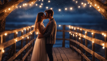  A romantic couple on a rustic wooden bridge from the back, illuminated by the soft glow of fairy lights, sharing a passionate kiss under a starry night, portraying love under the moonlight.