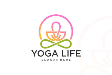 Yoga Logo,abstract Lotus pose design vector template Linear style.Health Spa Meditation Harmony.