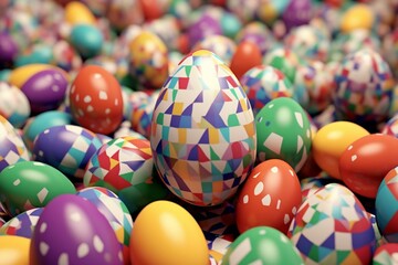 Fototapeta na wymiar Easter egg background with beautiful multicolored eggs featuring spotted and triangle patterns rendered in 3D. Generative AI