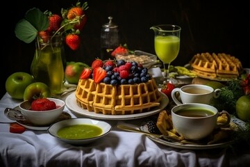 A delicious morning breakfast with waffles, berries, coffee, omlet, bread, avocado cream, vegan and healthy meal. Generative AI - obrazy, fototapety, plakaty