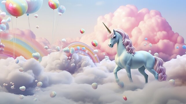 Colorful Unicorn Pastel Rainbow And Clouds On Blue Sky Background.AI Generated Image