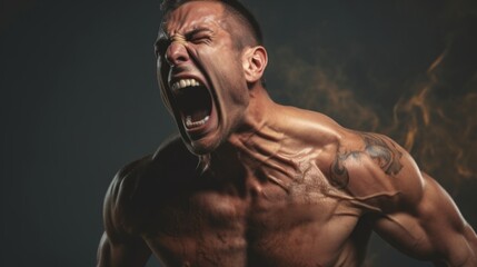 Male bodybuilder on anabolic steroids screams in pain
 - obrazy, fototapety, plakaty