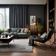 living room interior, living room interior, gray color dark, light gray, beige, wood furniture