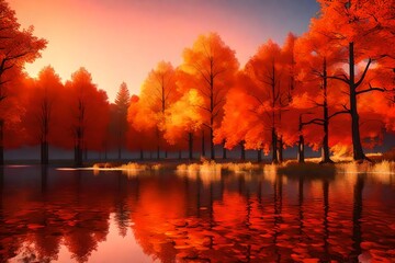 Fiery Autumn Sunset Reflection on Lake