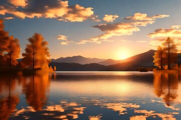serene lake at sunset during the golden hour. The sun should cast a warm, golden glow over the calm water, with reflections of the sky and surrounding landscape on the lake's surface